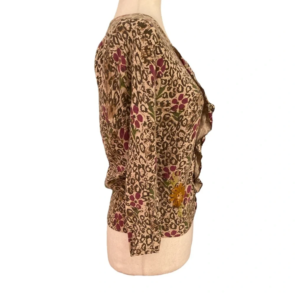 Sparrow Anthro Embellished Floral Leopard Ruffle Draped Cashmere Cardigan - XS - Picture 5 of 13